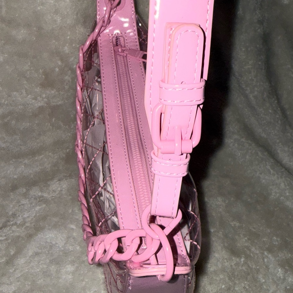 Steve Madden Clear Bubble Gum Pink Quilted Shoulder Crossbody Bag Matching Chain - Picture 16 of 16